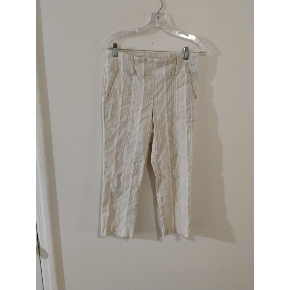 Soho Apparel Womens Medium Beige Cream Striped Cropped Tapered Leg Pants